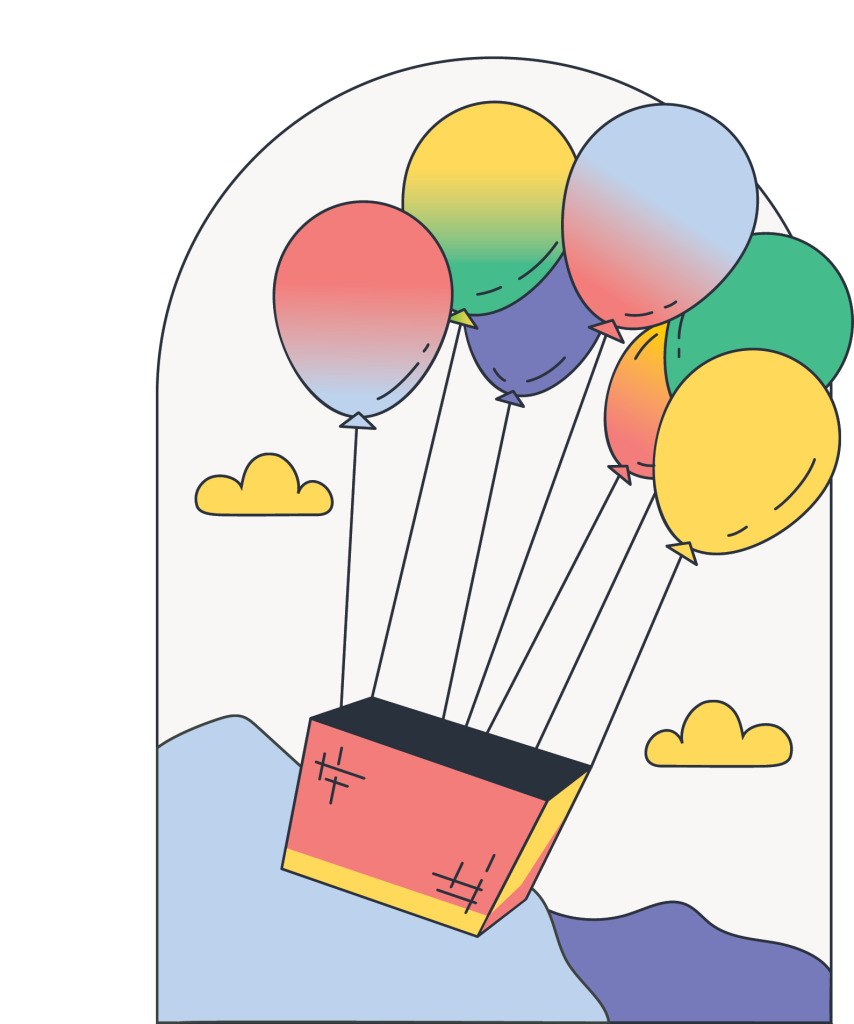 A brightly colored drawing of party balloons tied to a flying basket with mountains in the background