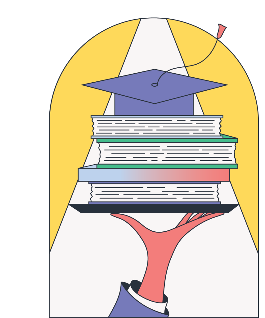 A brightly colored drawing of a hand holding up a stack of books with a graduation cap on top of them