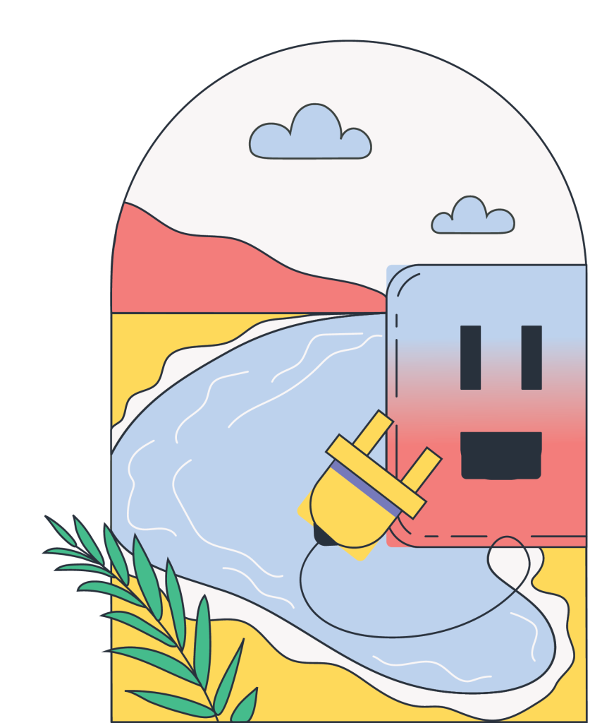 A brightly colored drawing of an unplugged cord and electrical outlet, with an oasis in the background