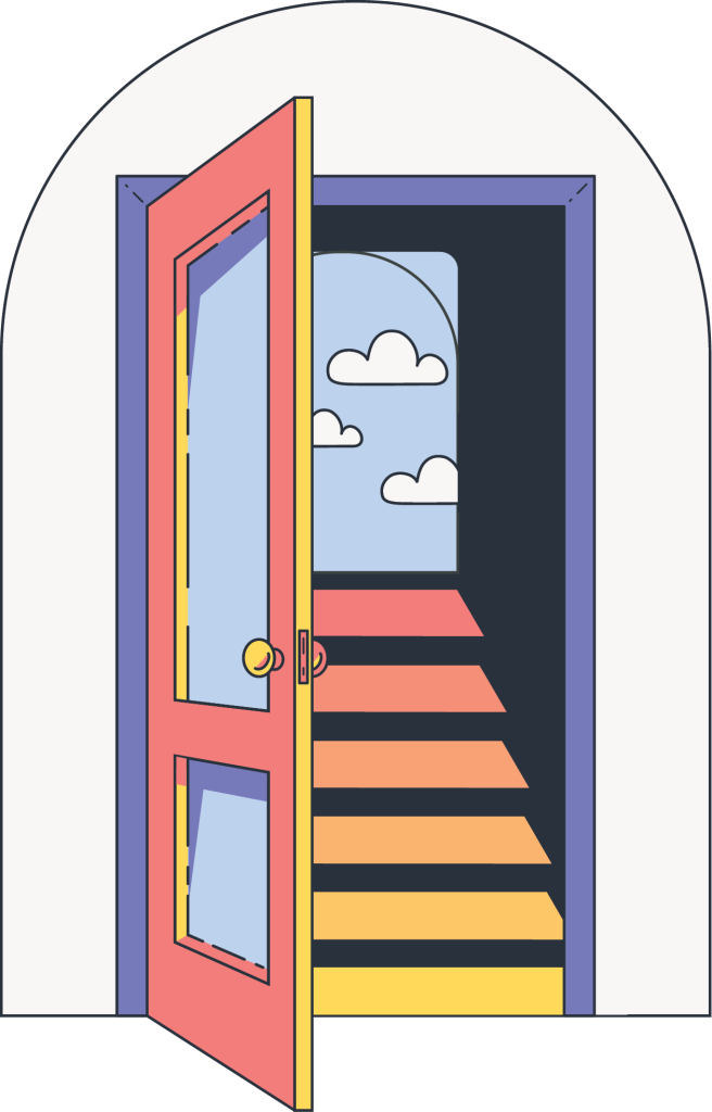 A brightly colored drawing of an open doorway leading to stairs