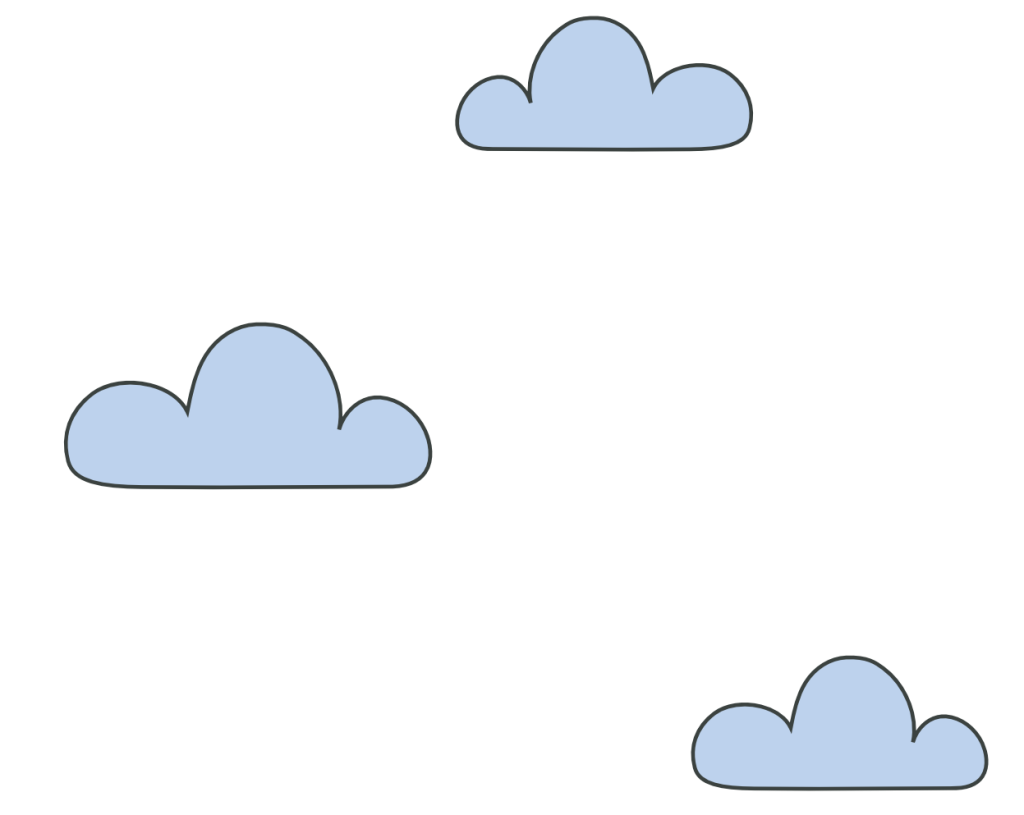 A brightly colored drawing of blue clouds that serves as a background for the paper airplane image