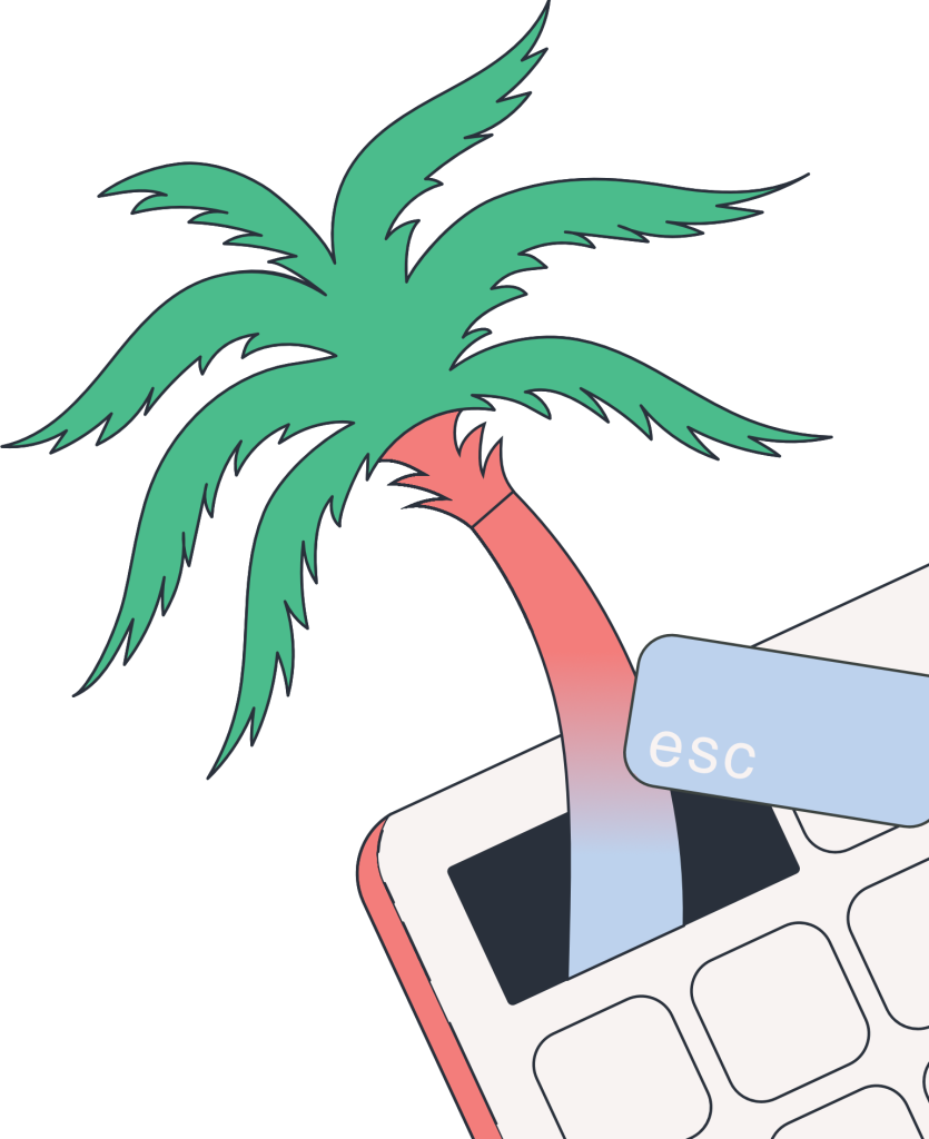 A brightly colored drawing of a npalrm tree sprouting out of a computer keyboard's escape key